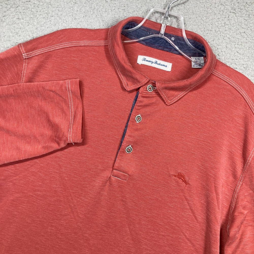 Tommy Bahama Polo Shirt Mens L Orange Long Sleeve Modal Slub‎ Embroidered Logo
